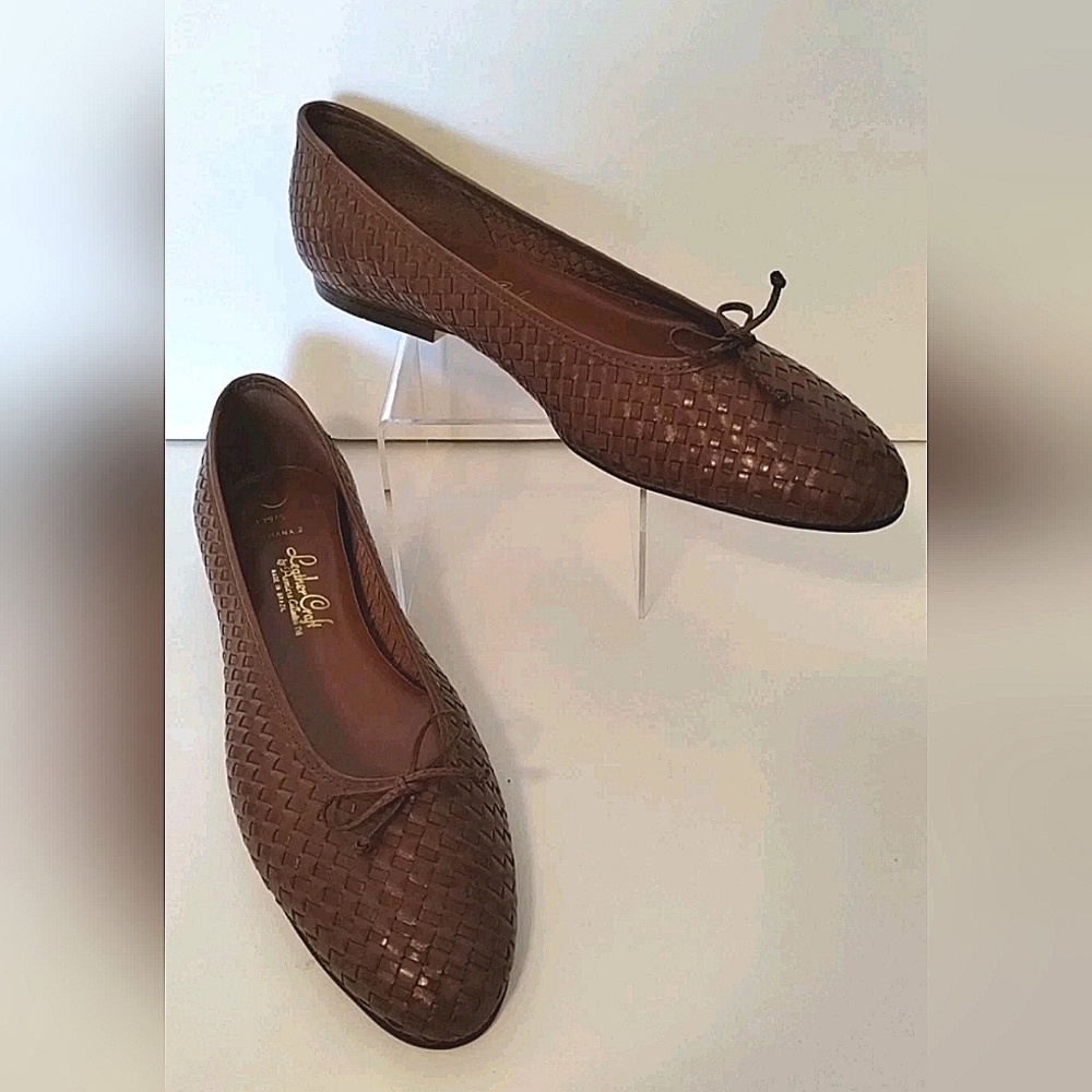 Vtg 80s Leather Craft Woven Brown Ballet Flats Shoes Quiet Luxury Sz 11 NOS